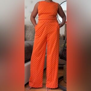 Vibrant Orange Polka Dot Jumpsuit.